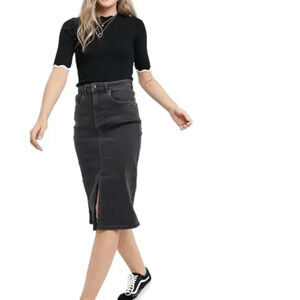 JDY black wash denim pencil skirt with split in front. 
Size: 42  woman’s size 7